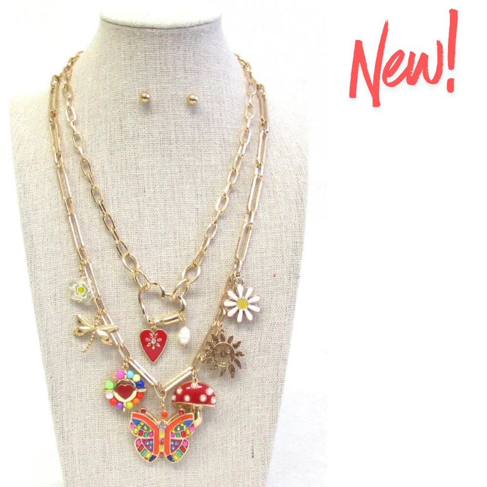 Magical Mushroom Garden Charm Necklace Boho Dragonfly Butterfly Flower Hearts